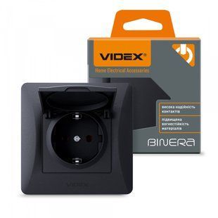 Розетка одинарная с заземлением и крышкой черный графит VIDEX BINERA VF-BNSK1GС-BG фото